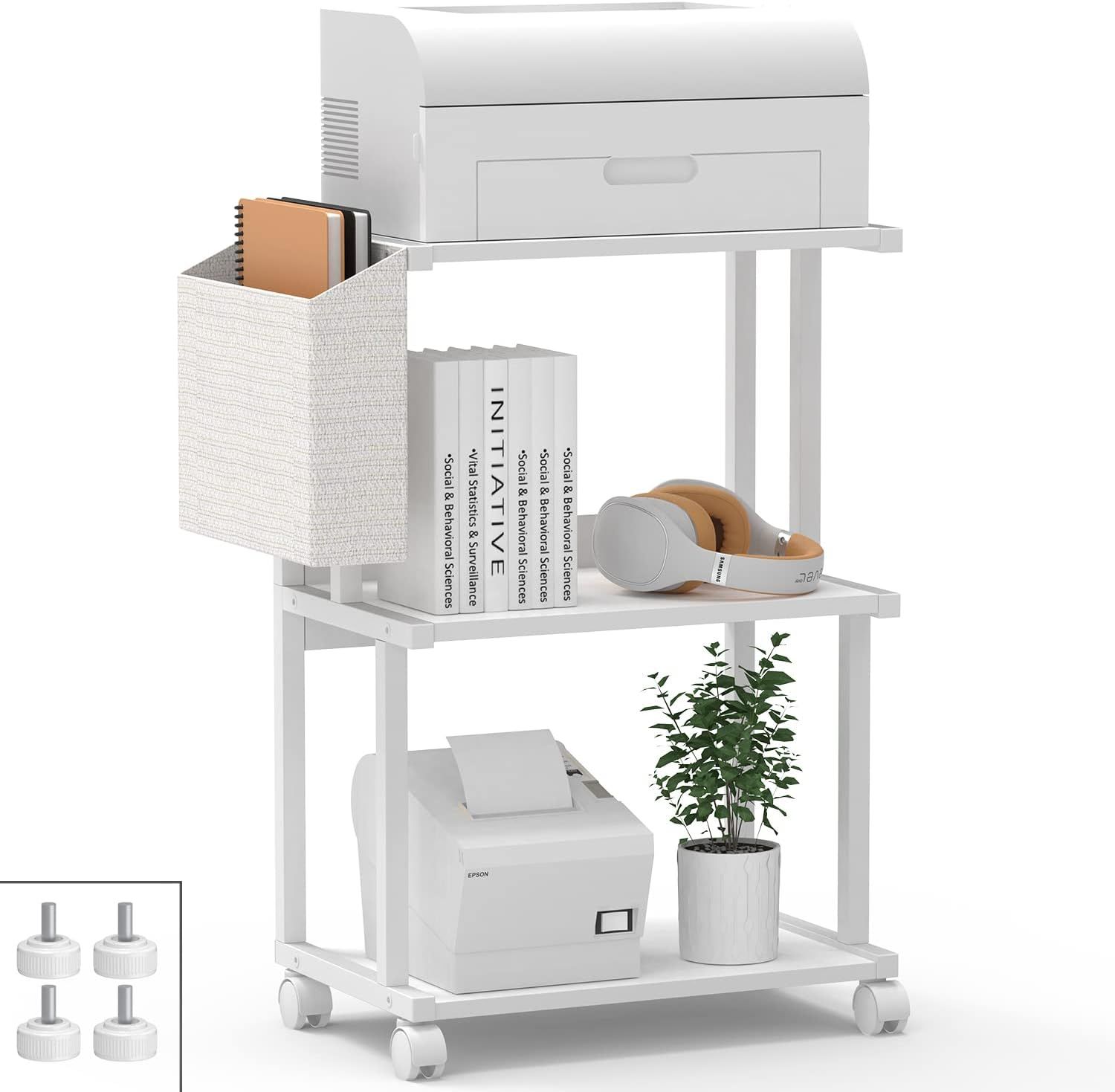 Ostreeful 3 Tier Printer Stand Modern White Printer Mobile Wooden Printer Shelf Table Organizer f... | Amazon (US)