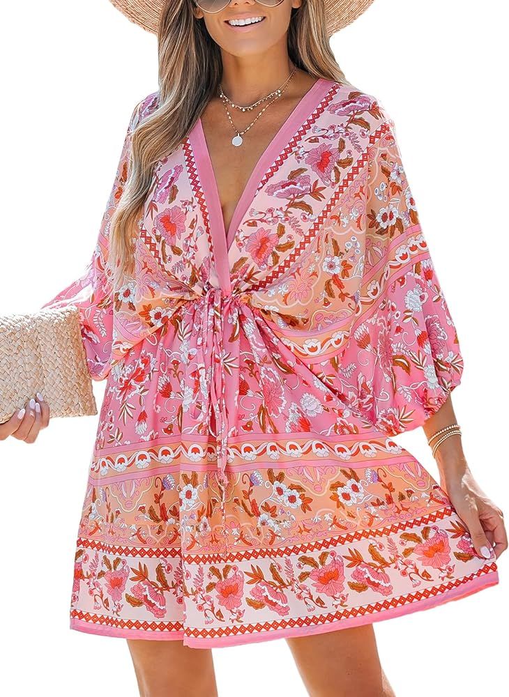 CUPSHE Women Floral Ornate Print Tie Front Dress 3/4 Balloon Sleeves Paisley Beach Dresses | Amazon (US)