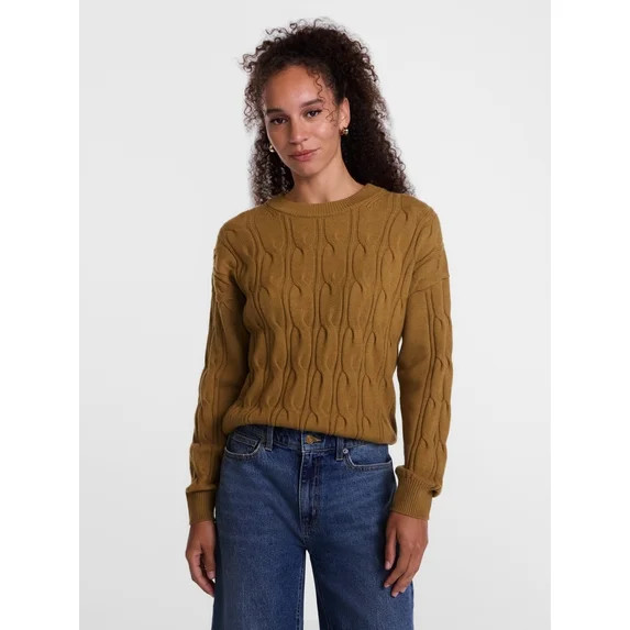 Scenario Women's Crewneck Cable Knit Mid-weight Sweater, Sizes XS-XXXL | Walmart (US)