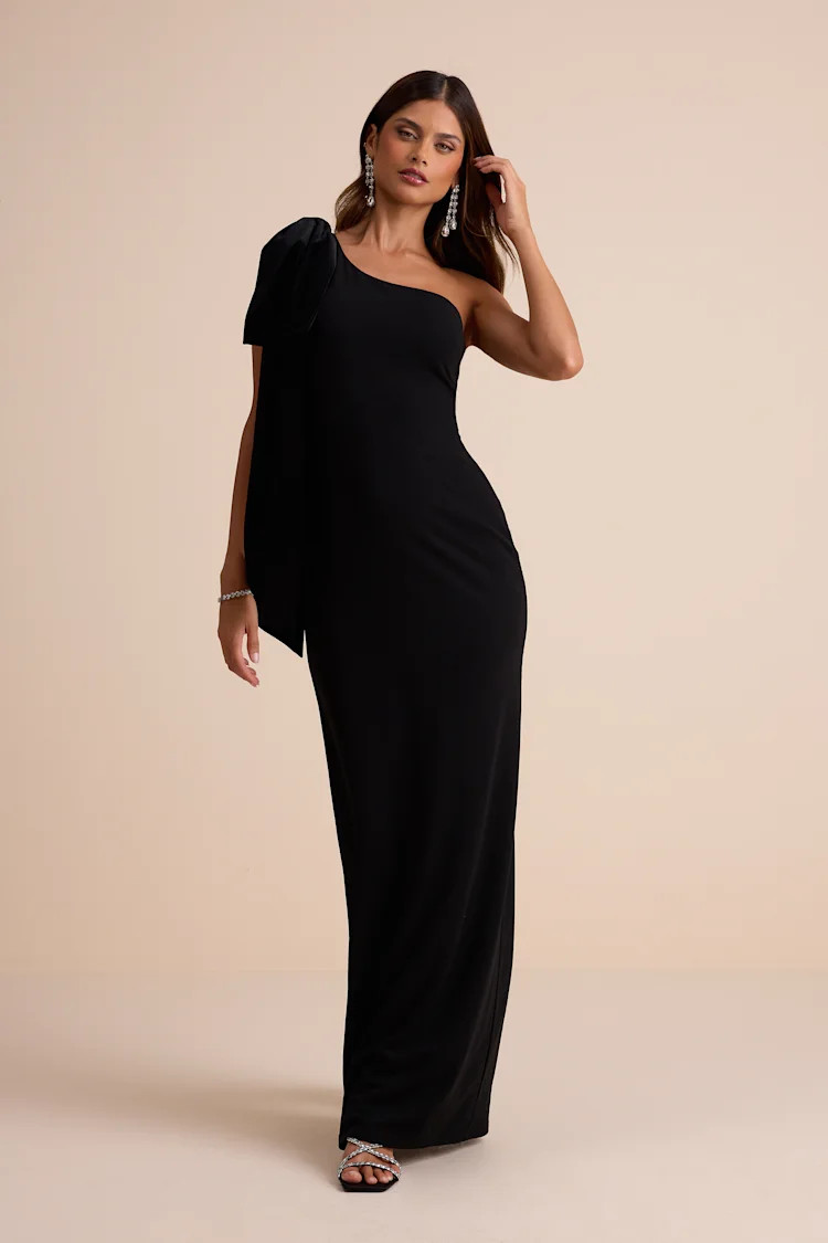 Amarila Black One-Shoulder Velvet Bow Maxi Dress | Lulus