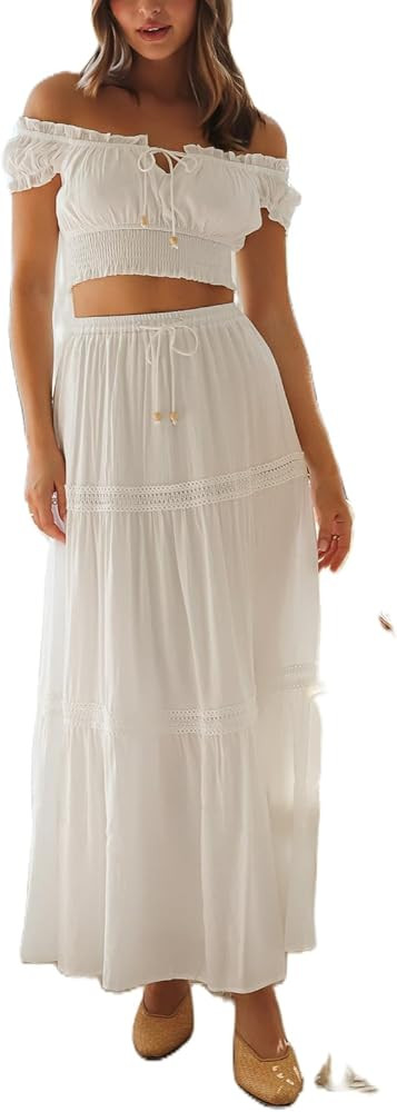 Women Two Piece Maxi Skirt Sets Y2k Backless Lace Halter Crop Top Tiered Long Skirt Vacation Beac... | Amazon (US)