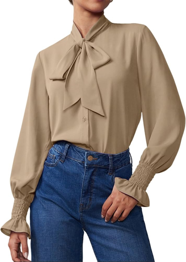 Neweek Chiffon Blouses for Women Bow Tie Neck Long Sleeve Dressy Casual Smocked Cuffed Shirts Off... | Amazon (US)