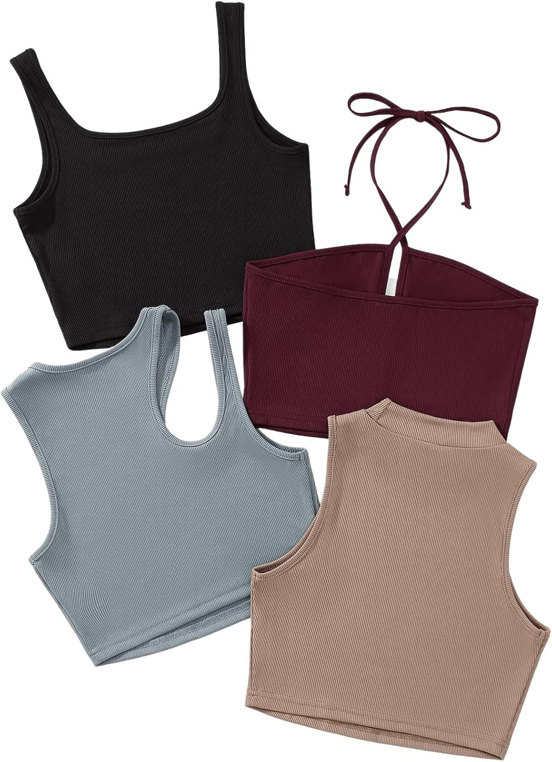 SweatyRocks Women's 4 Pieces Basic Crop Tank Tops Sleeveless Solid Ribbed Knit Camisole | Amazon (US)