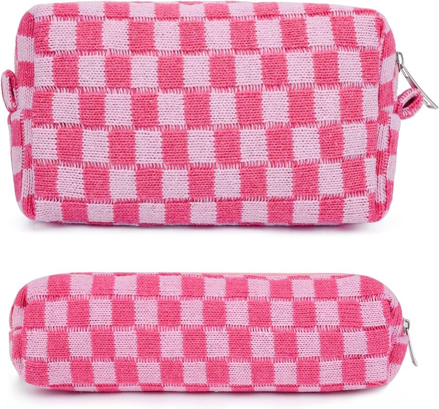 SOIDRAM Makeup Bag Checkered Cosmetic Bag Pink Makeup Pouch 1Pcs Large Capacity Makeup Bags and 1... | Amazon (US)