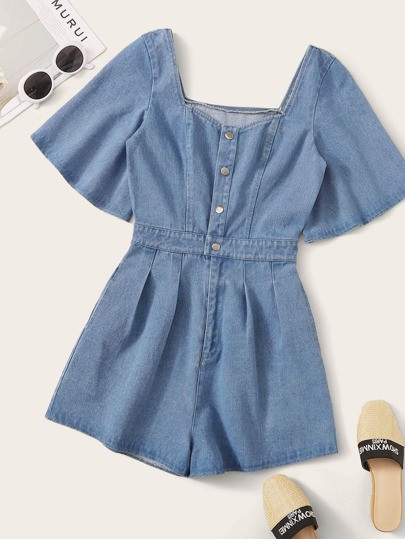 Button Front Sweetheart Neck Denim Romper | SHEIN