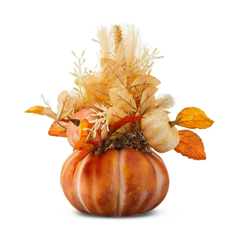 Foam Pumpkin with Fall Foliage Tabletop Decor, Orange & Cream, 11", Harvest by Way To Celebrate -... | Walmart (US)