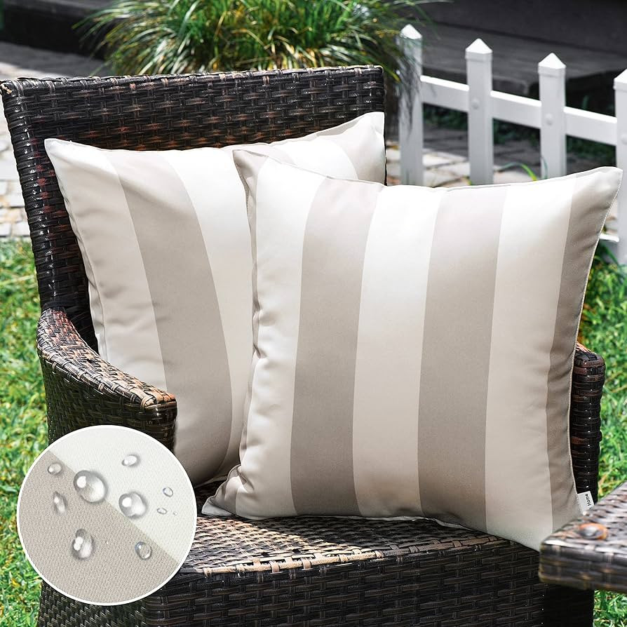 Western Home Pack of 2 Outdoor Waterproof Striped Throw Pillow Covers Beige Grey Decorative Pillo... | Amazon (US)