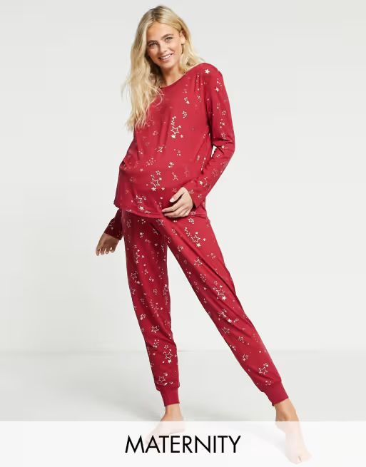 Chelsea Peers Maternity eco poly foil star long pajama set in red | ASOS | ASOS (Global)