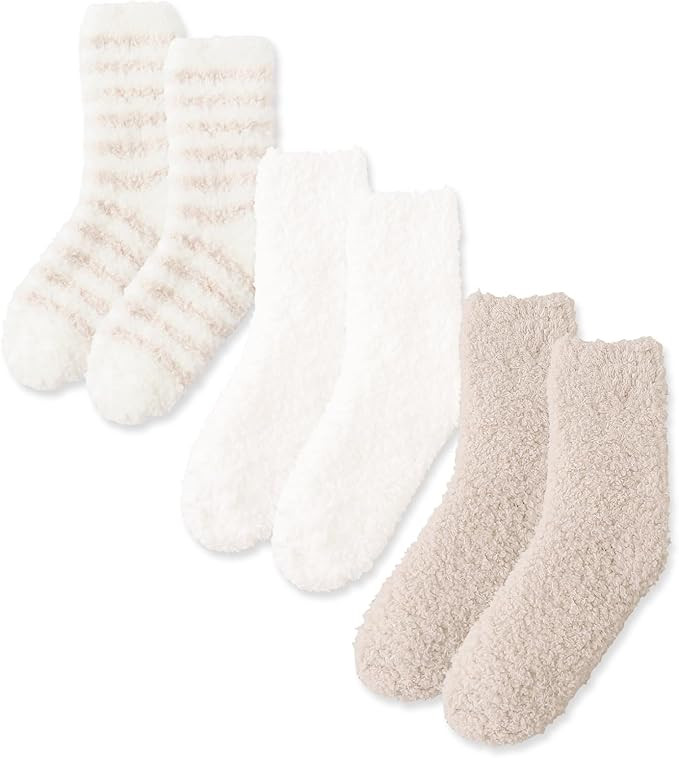 3PAIRS Fuzzy Crew Socks For Women Warm Winter White Novelty Socks Unisex MultiColor | Amazon (US)