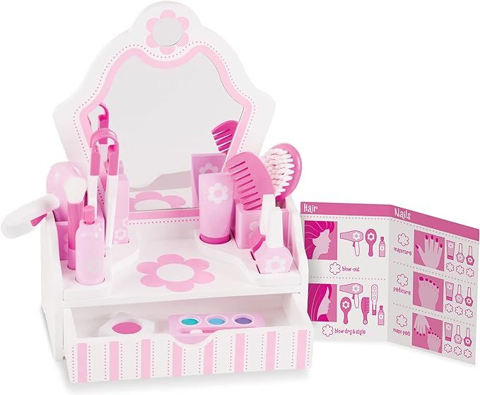 Melissa & Doug Wooden Beauty Salon Play Set With Vanity and Accessories (18 pcs) - Pretend Hair S... | Amazon (US)