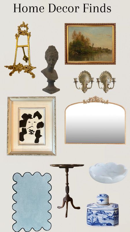 Home decor finds- gold easel, vintage oil painting in gold frame, black bust statue, brass shell candle sconces, old arch mantle mirror Anthropologie dupe, scallop marble bowl, blue and white China vase, scallop bathmat, antique wooden side table 

#LTKhome #LTKsalealert #LTKstyletip