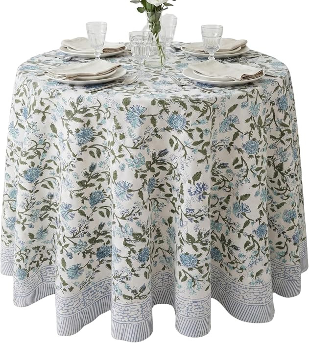 Mahoka Blue 100% Cotton Round Tablecloth, Block Print Floral Table Cloth for Dining, Parties, Weddings, Outdoors, Holidays I 90" Inches, 6 Seater I Grandmillennial Farmhouse Boho Summer | Amazon (US)