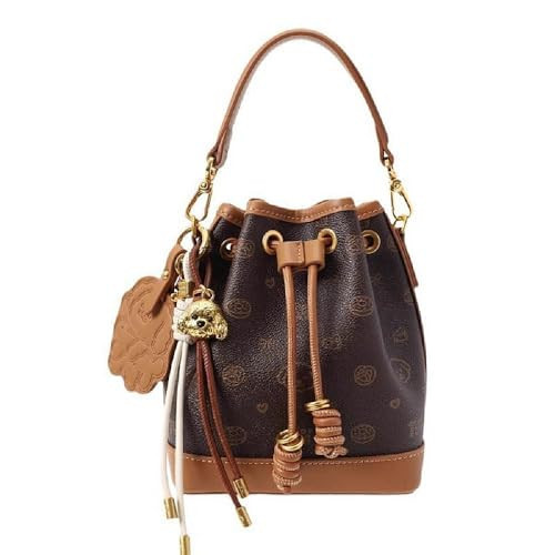 Small Bucket Bag for Women, Crossbody Shoulder Purse with Drawstring Closure, Brown Designer Handbag with Cute Pendant | Amazon (US)