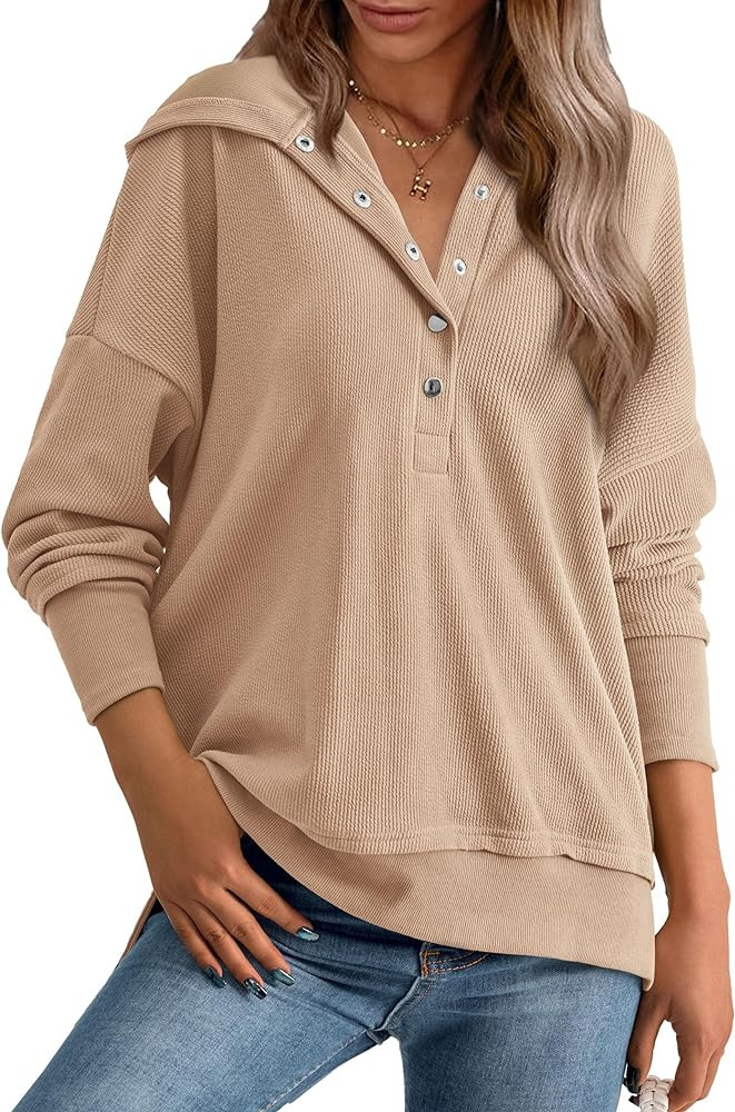 PRETTYGARDEN Womens Fall Fashion 2023 Long Sleeve Hoodie Oversized Button Up V Neck Sweatshirt Si... | Amazon (US)