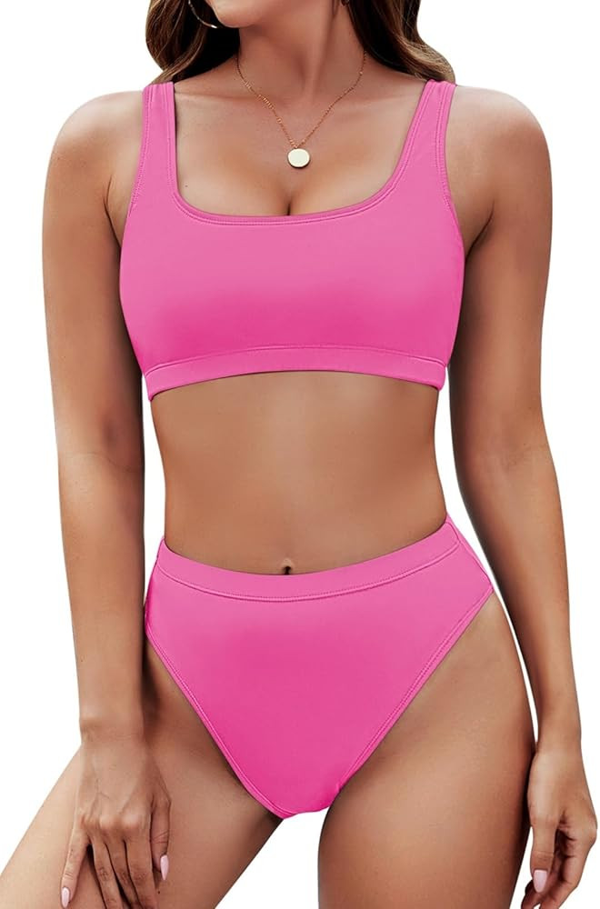 Pink Queen Women's Crop Top High Waisted Cheeky Bikini Set Two Piece Swimsuits | Amazon (US)