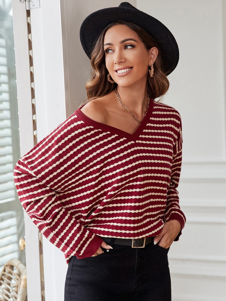 Stripe Pattern Drop Shoulder Sweater | SHEIN
