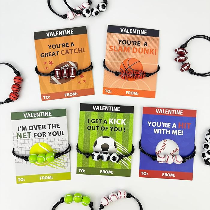 Sports Valentines Day Gifts Cards with Bracelets for Kids Classroom,30 Pack Adjustable Bracelets ... | Amazon (US)