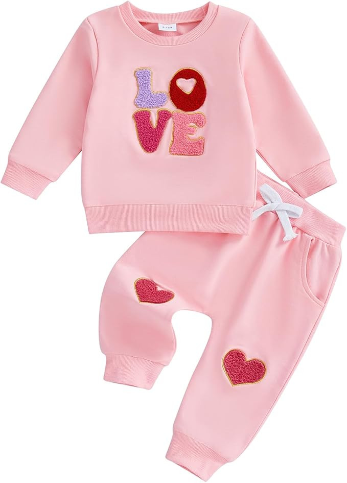 Toddler Baby Girl Valentines Day Outfit Love Heart Embroidered Long Sleeve Sweatshirt and Pant Se... | Amazon (US)