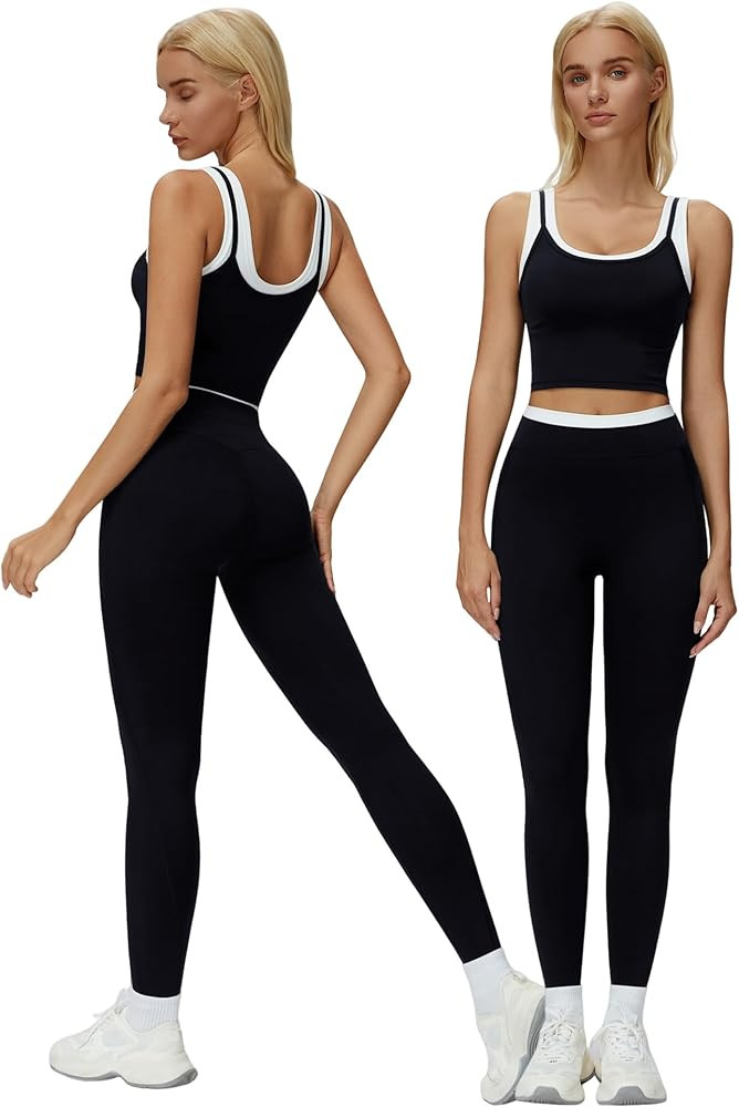 Womens Workout Set Two Piece Racerback Color Block Tank Tops Matching High Waist Leggings Gym Wor... | Amazon (US)