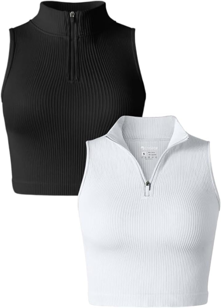 OQQ Women's 2 Piece Tank Tops Sleeveless Zip Basic Stretch Tee Shirts Crop Camis | Amazon (US)