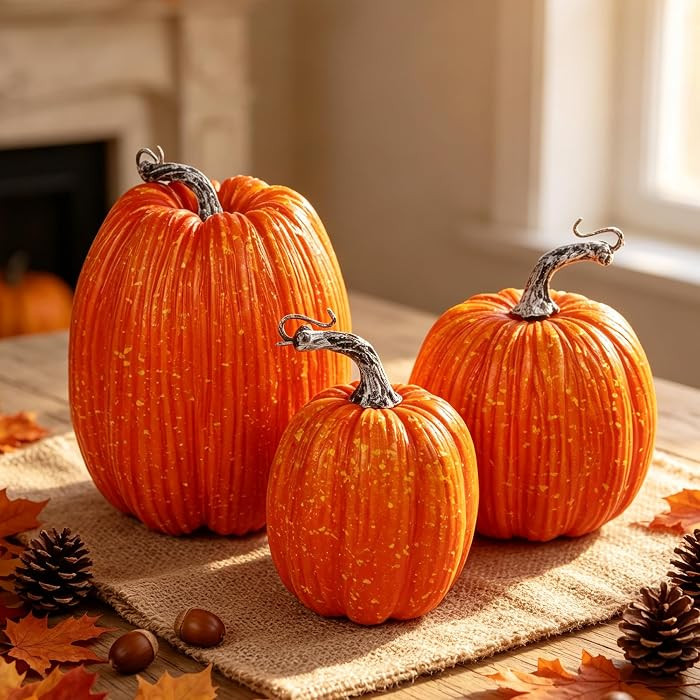 Artificial Pumpkins Fall Decor Orange Foam Pumpkin, 3 Pack | Amazon (US)