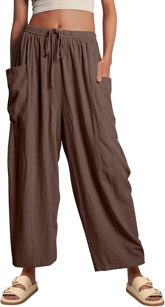 LILLUSORY Women‘s Linen Wide Leg Pants 2024 Casual Loose Lightweigt Beach Palazzo Harem Pants | Amazon (US)