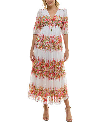 Taylor Women's Floral-Striped Swiss-Dot Chiffon Dress - Macy's | Macy's