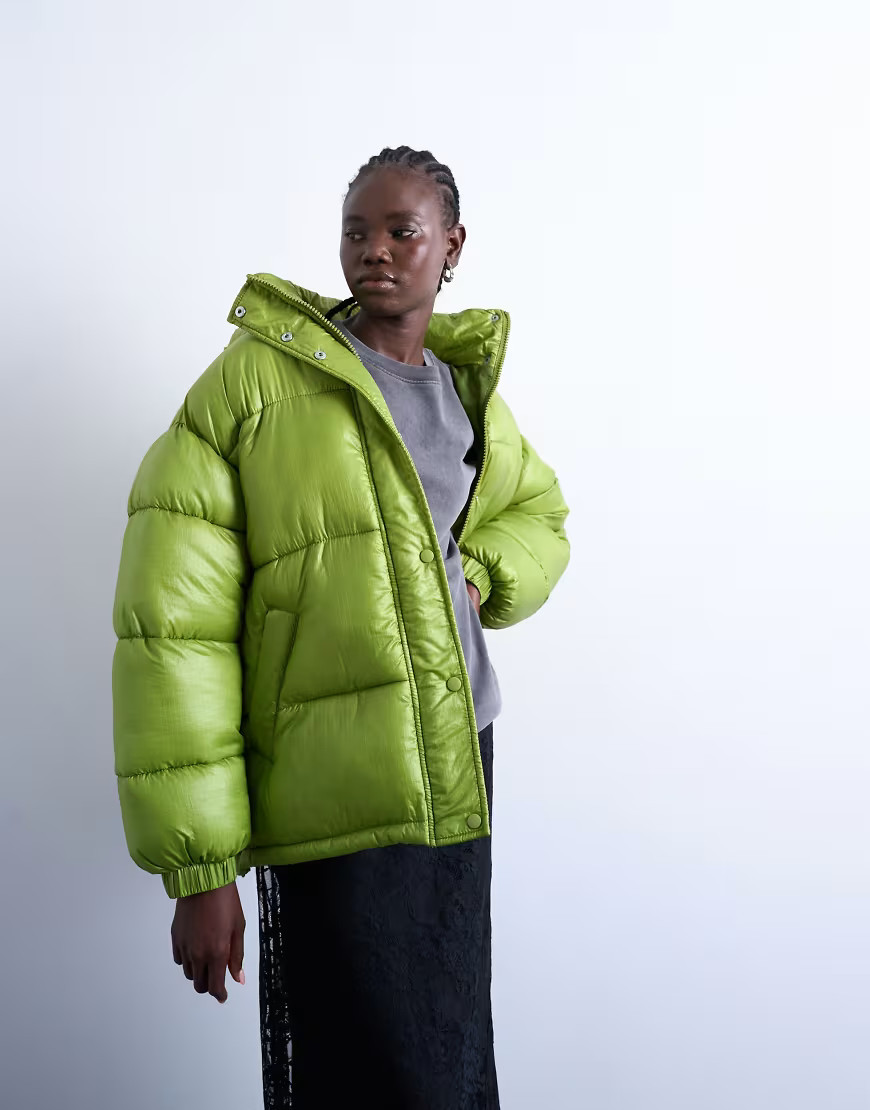 Topshop High shine ripstop funnel neck puffer jacket in bright green | ASOS (Global)