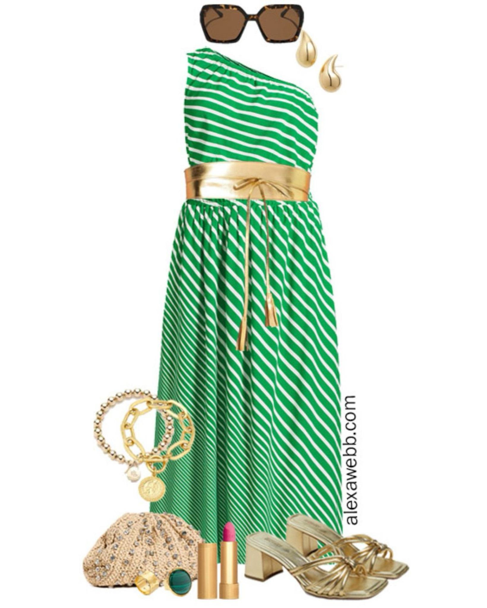 Plus Size One Shoulder Green Dress Outfits 3 - A plus size summer outfit for an event or date night with a gold Obi belt, sculptural gold earrings, and gold mules. Alexa Webb

#LTKPlusSize #LTKSeasonal #LTKStyleTip