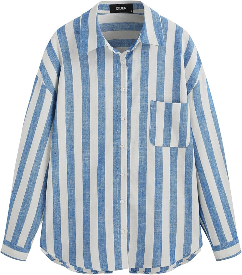 CIDER Santorini Beach Vacation Linen-Blend Collar Striped Pocket Long Sleeve Shirt | Amazon (US)
