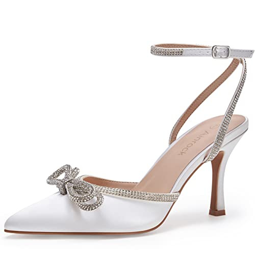 Ainrock Women's Rhinestone Bow Heels Sparkly Wedding Closed Pointed Toe High Sexy Satin Stiletto Ankle Strap Pumps Bridal Dress Heeled Sandals White Size 8 | Amazon (US)