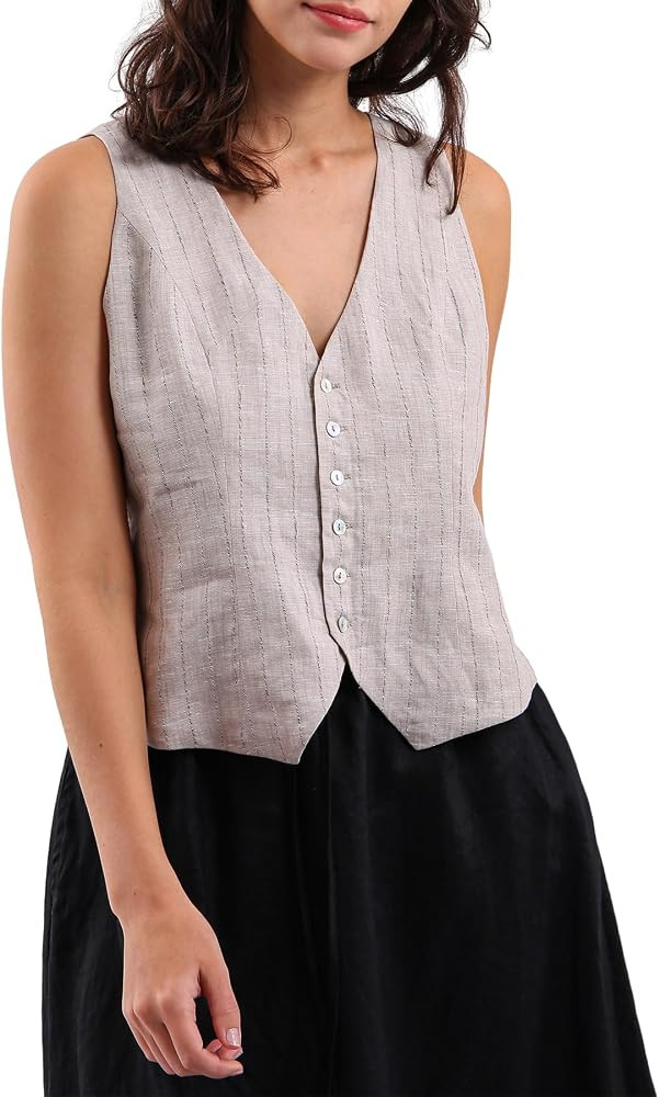 Amazhiyu Women's Pure Linen Button Down Crop Waistcoat | Amazon (US)