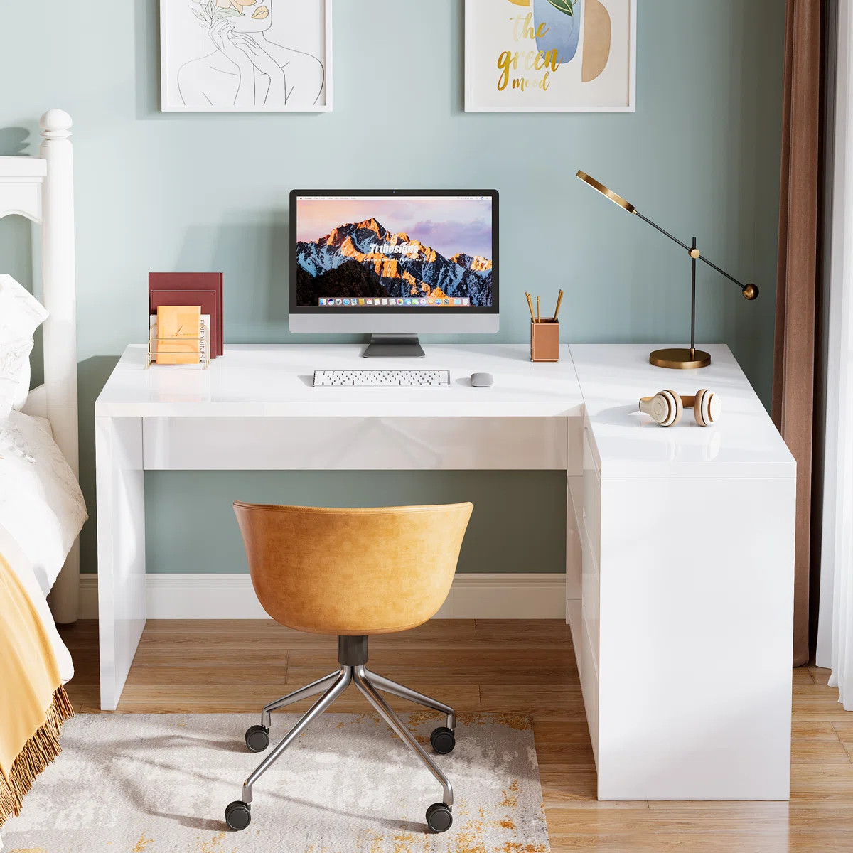 55.12'' W L-Shaped Desk with LED Light and 3 Drawers | Wayfair North America
