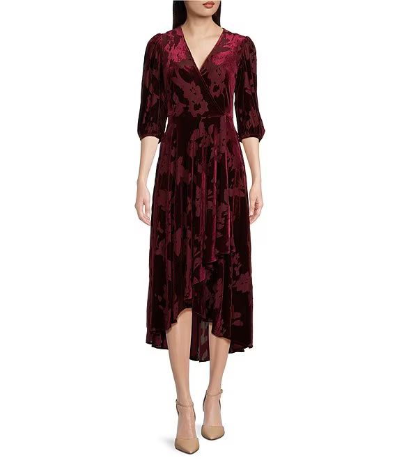 Calvin Klein 3/4 Sleeve Surplice V-Neck Velvet Faux Wrap Midi Dress | Dillard's | Dillard's