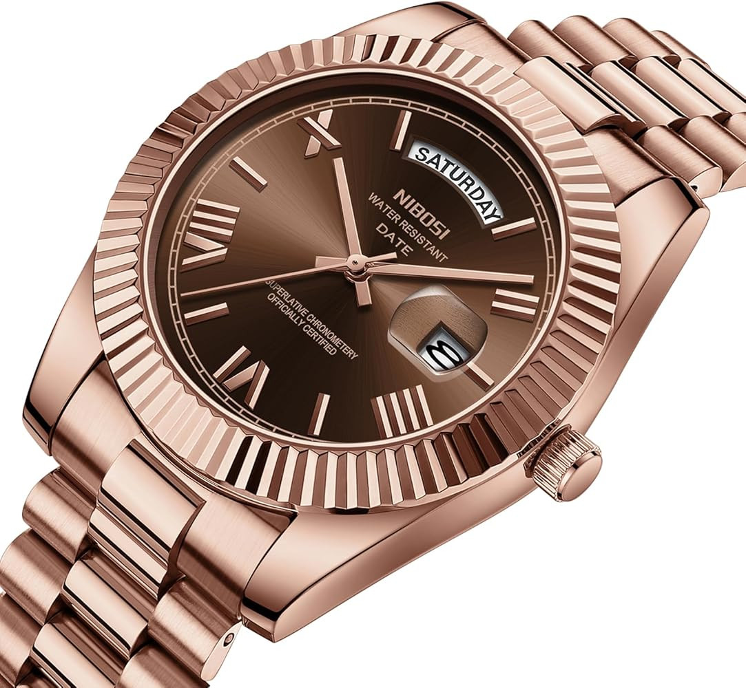 NIBOSI Men's Analog Quartz Watch, Rose Gold Stainless Steel, Day Date | Amazon (US)
