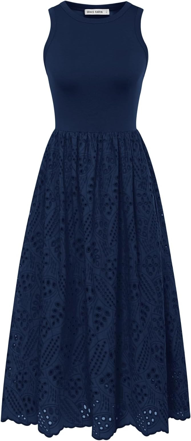 GRACE KARIN Women's Summer Sleeveless Tank Dress A Line Midi Dress Eyelet Crewneck Casual Holiday... | Amazon (US)