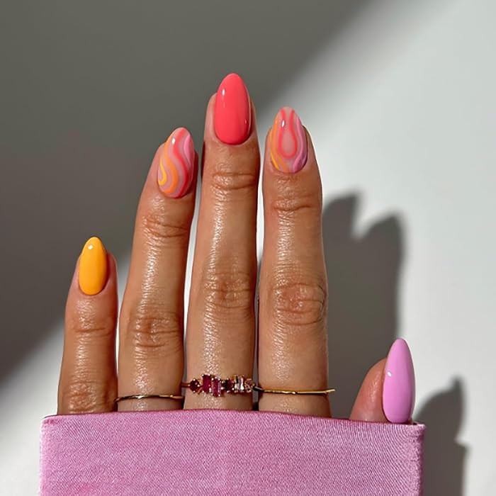 24 Pcs Press on Nails Almond Fake Nails RIICFDD Medium False Nails with Colorful Candy Color Curv... | Amazon (US)