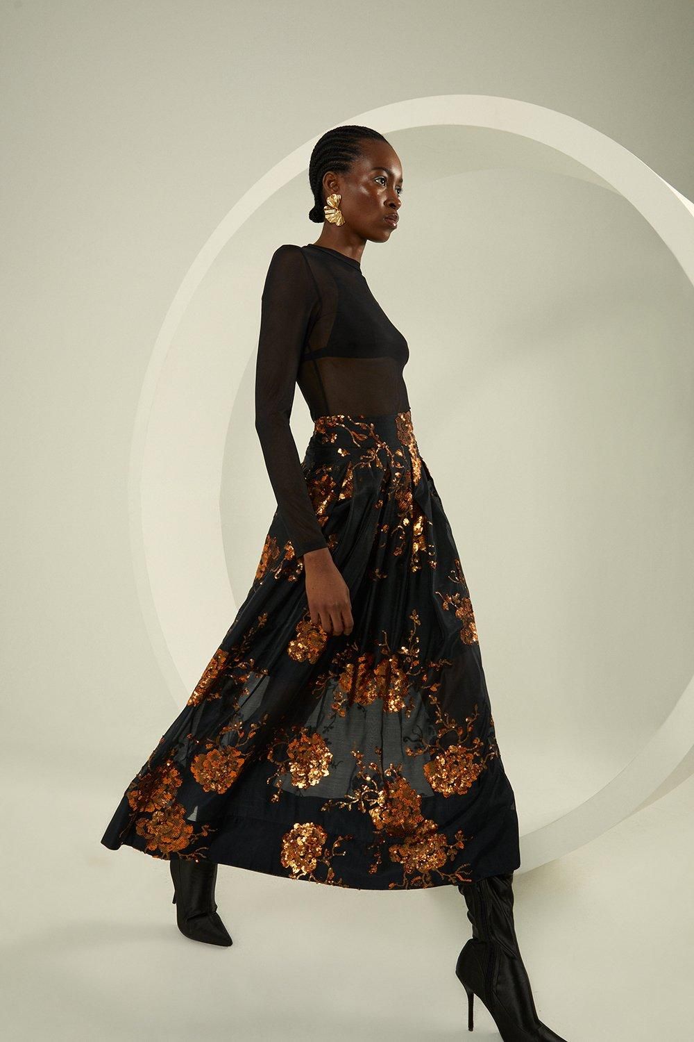 Floral Sequinned Organza Woven Skirt | Karen Millen US