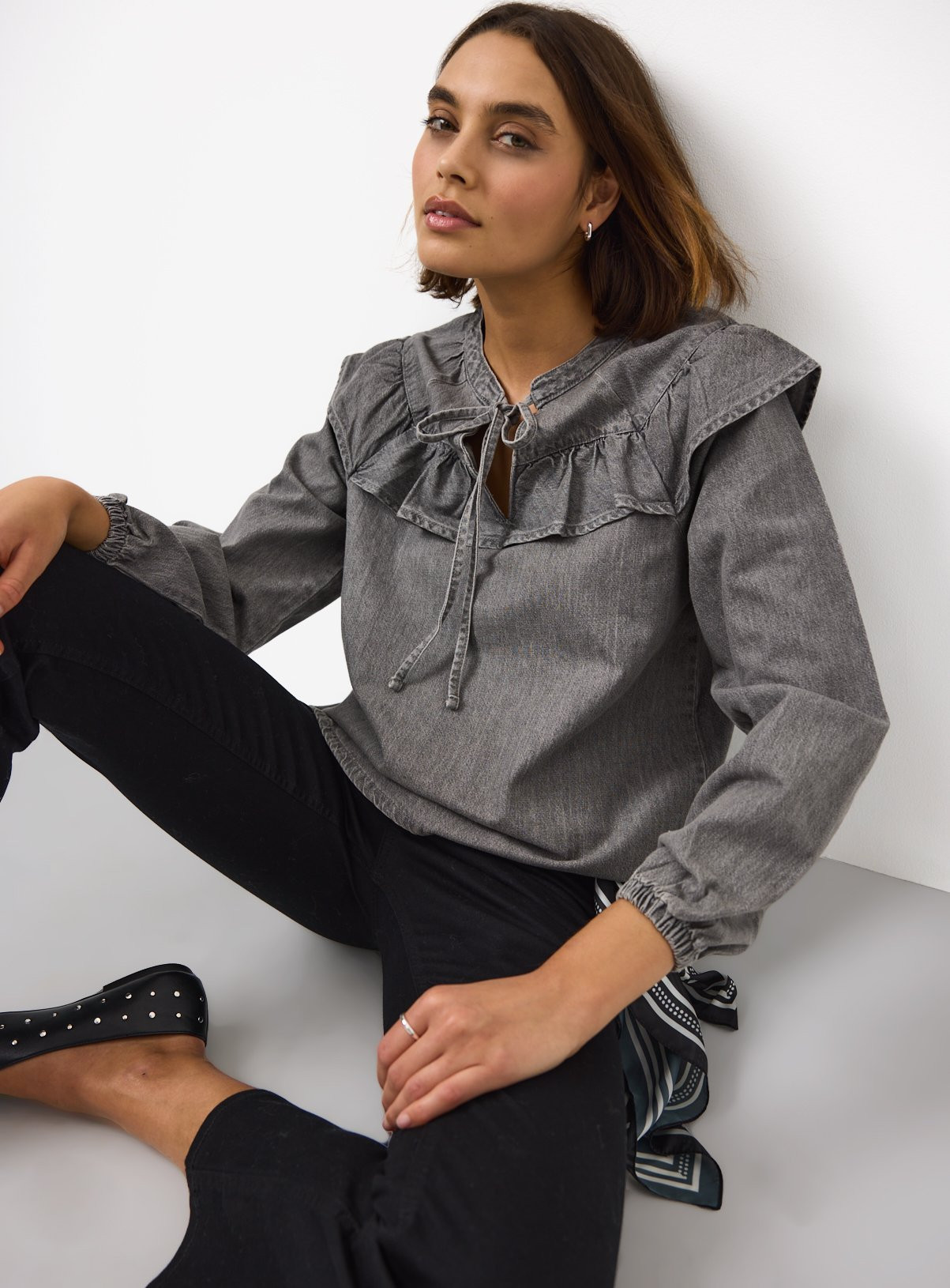 Grey Frill Shoulder Denim Shirt | Tu Clothing