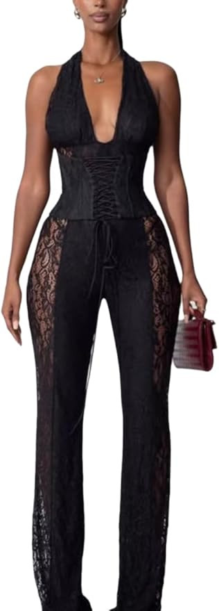 Wuitrie Lace Jumpsuits for Women Sexy See Through Deep V Neck Halter Tops and Flare Pant One Piec... | Amazon (US)