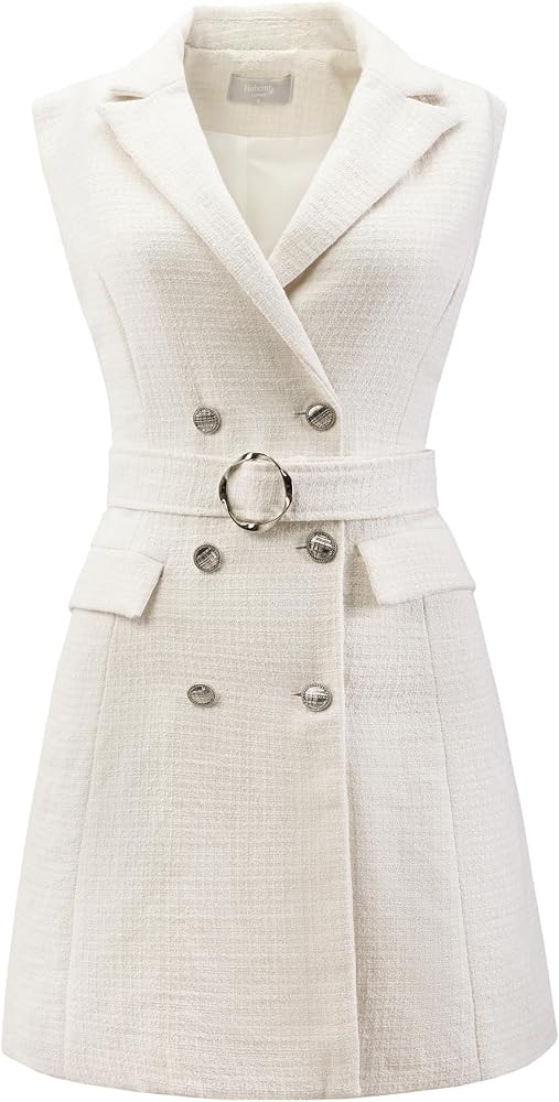 Women's Sleeveless Tweed Dress Collared Belted Button Down Work Blazer Dresses | Amazon (US)