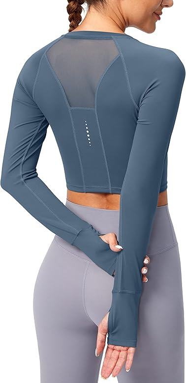 SANTINY Women's Long Sleeve Crop Workout Tops Slim Fit Gym Yoga Running Shirts for Women | Amazon (US)