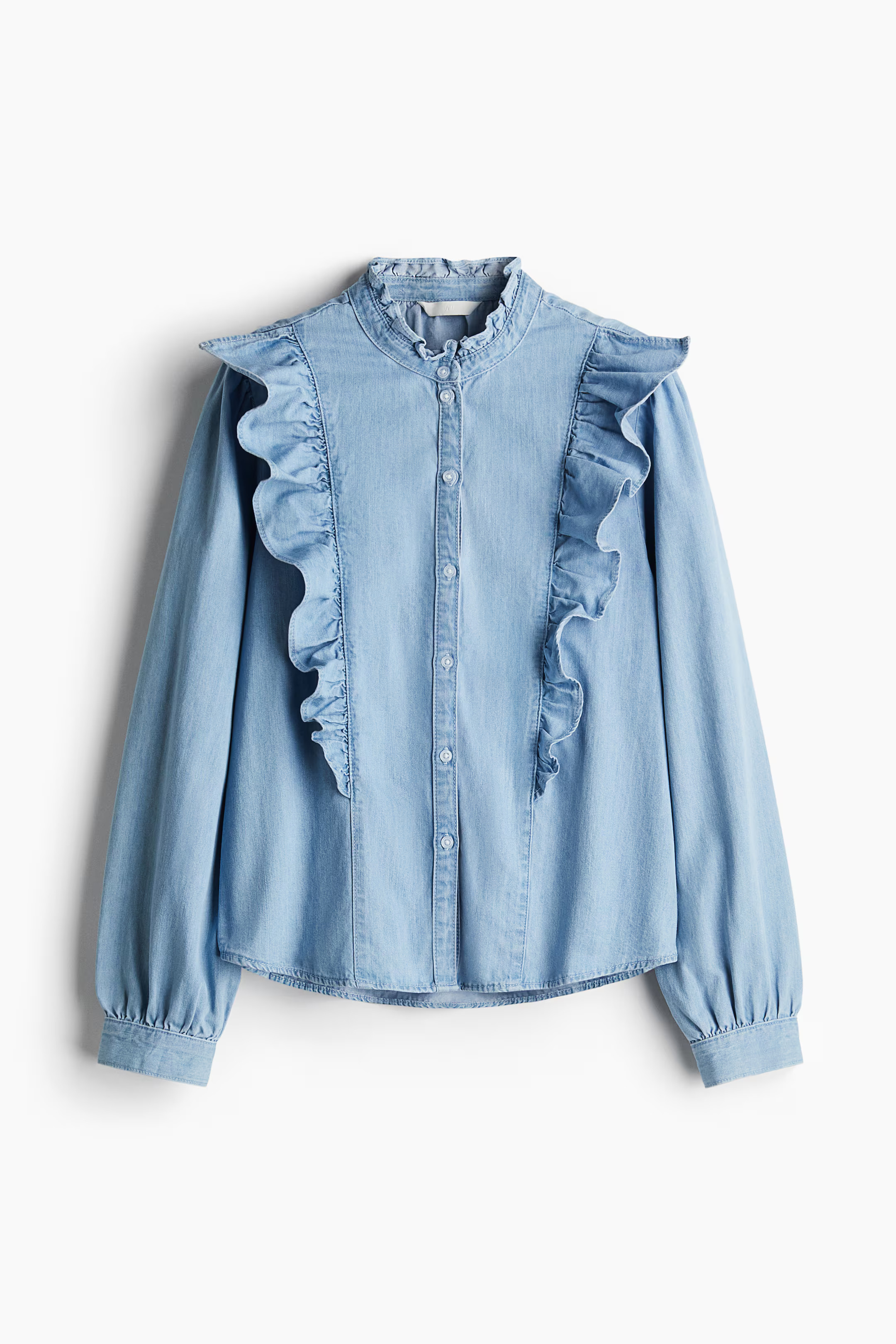 Ruffle-Trimmed Denim Blouse - Light denim blue - Ladies | H&M US | H&M (US + CA)