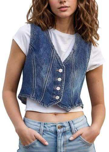 RIVODE Womens Denim Vest Trendy Cropped Jean Vest Top for Women V Neck Waistcoat Jacket | Amazon (US)
