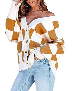 Dokotoo Womens Plaid V Neck Button Down Long Sleeve Cable Knit Oversized Cardigan Sweaters Tops | Amazon (US)