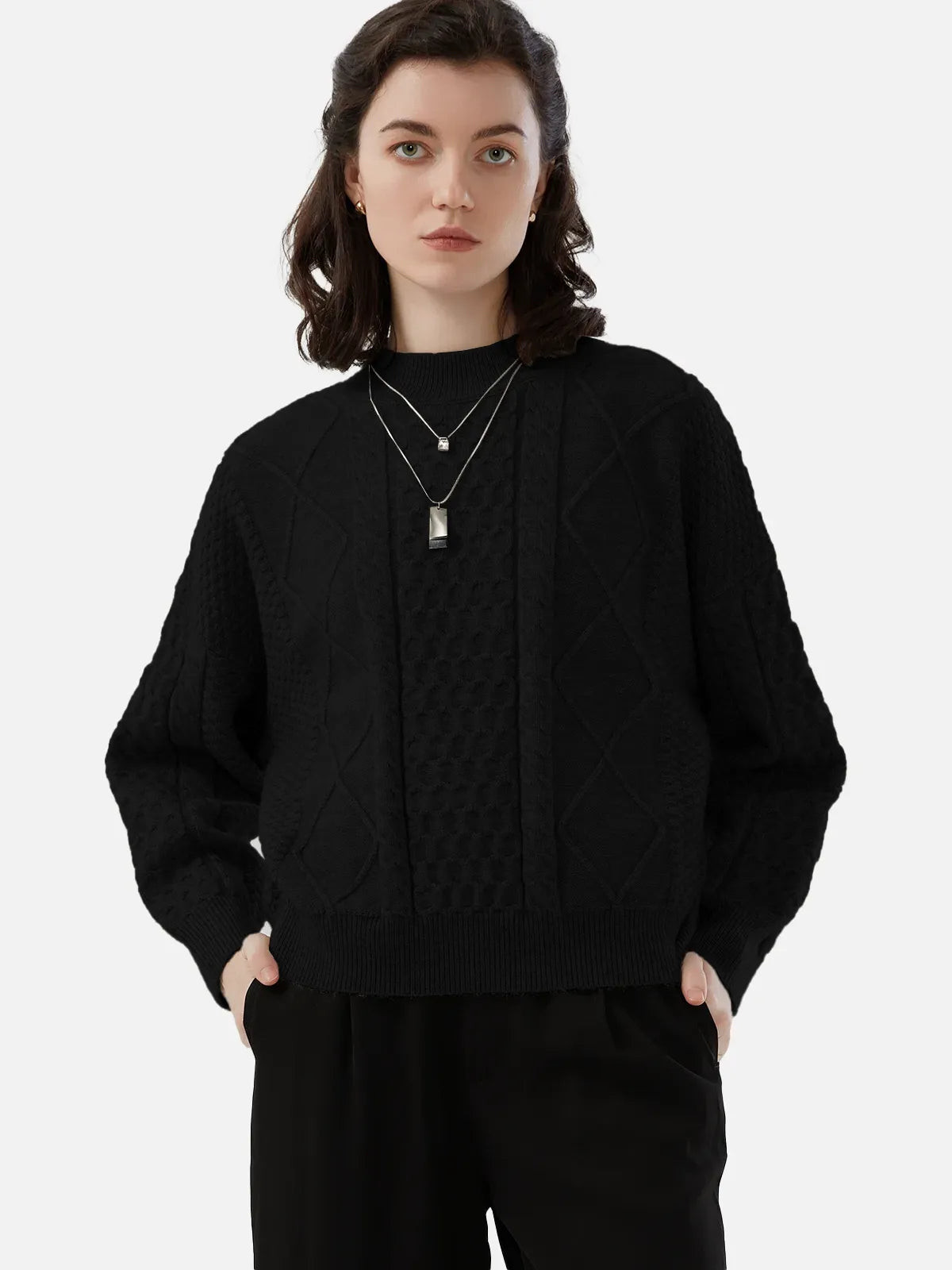 Round-Neck Solid Crochet Knit Sweater | SDEER