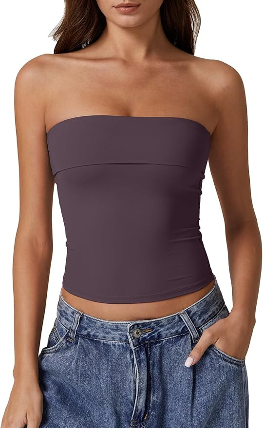 QINSEN Women's Tube Tops Strapless Bandeau Tops Double Lined Slim Fit Summer Going Out Tank Tops | Amazon (US)
