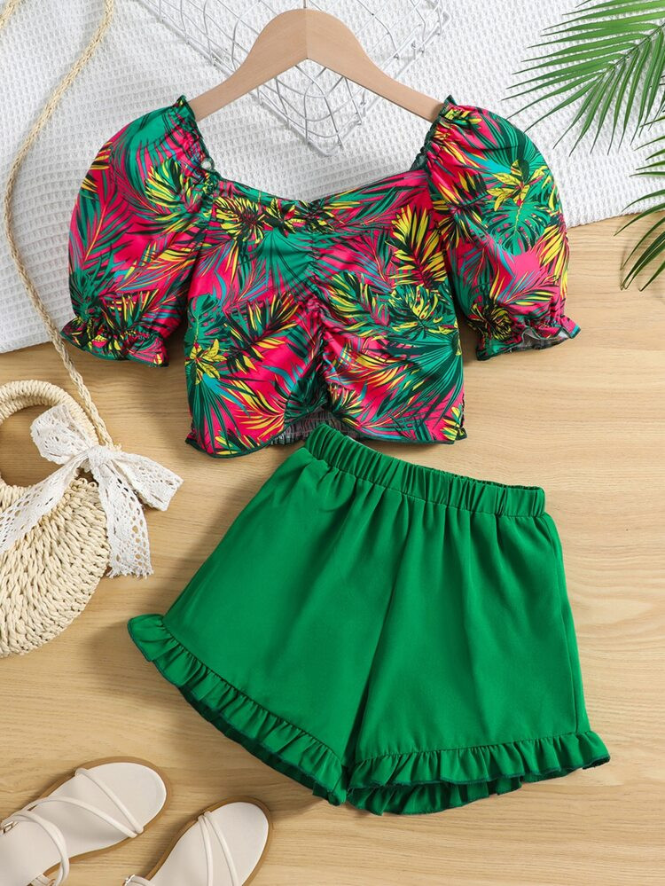 Girls Tropical Print Puff Sleeve Top & Ruffle Hem Shorts | SHEIN