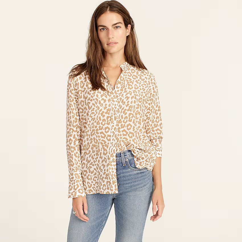 Classic-fit collarless silk shirt in bold leopard | J.Crew US