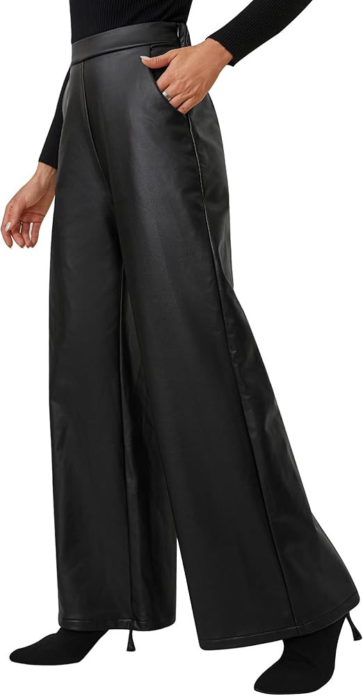 QIANXIZHAN Women's Faux Leather Pants, Winter High Waist Wide Leg PU Trousers | Amazon (US)